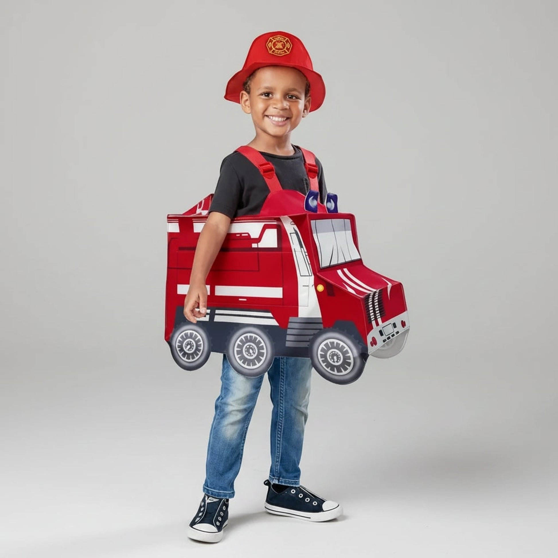 Boys Halloween Firefighter Costume With Fire Chief Badge Reflective Stripes And Structured 3D Truck Backpack - Image 4