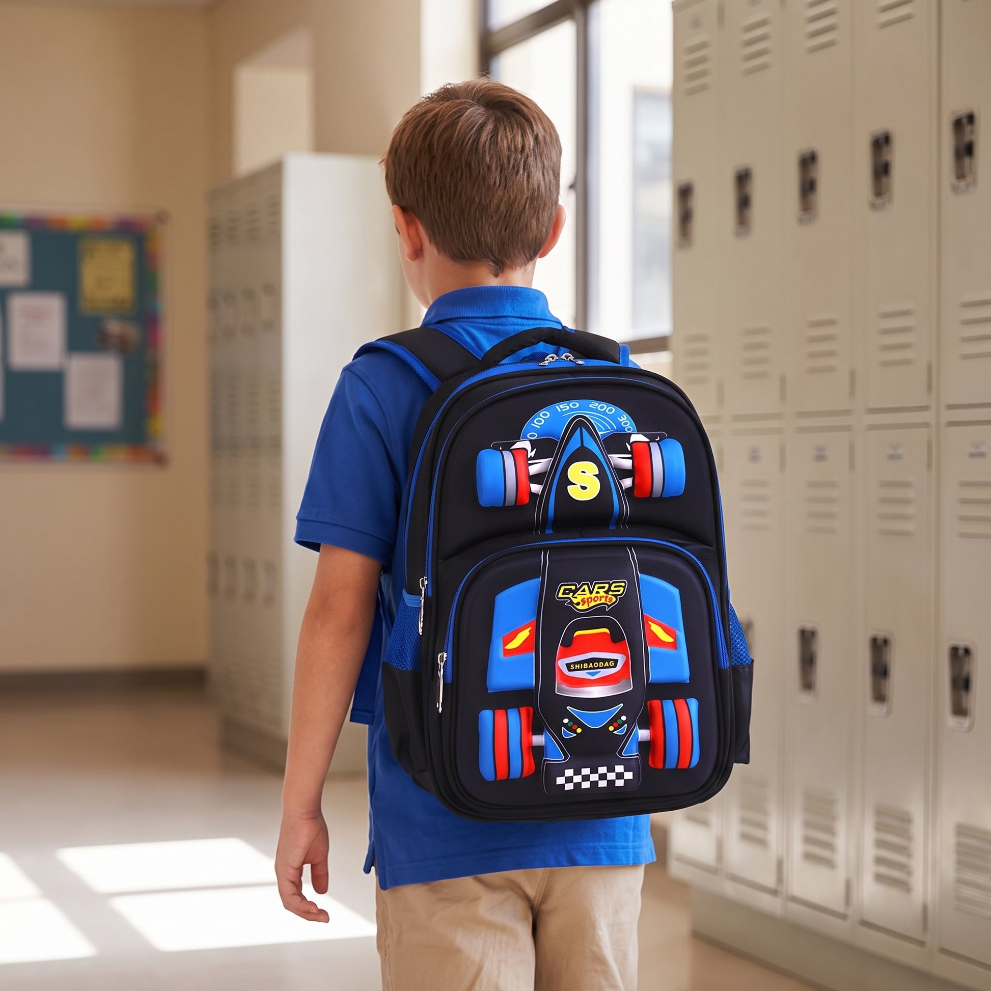 School Bag Primary 3D Racing Car Backpack 3d - in-use