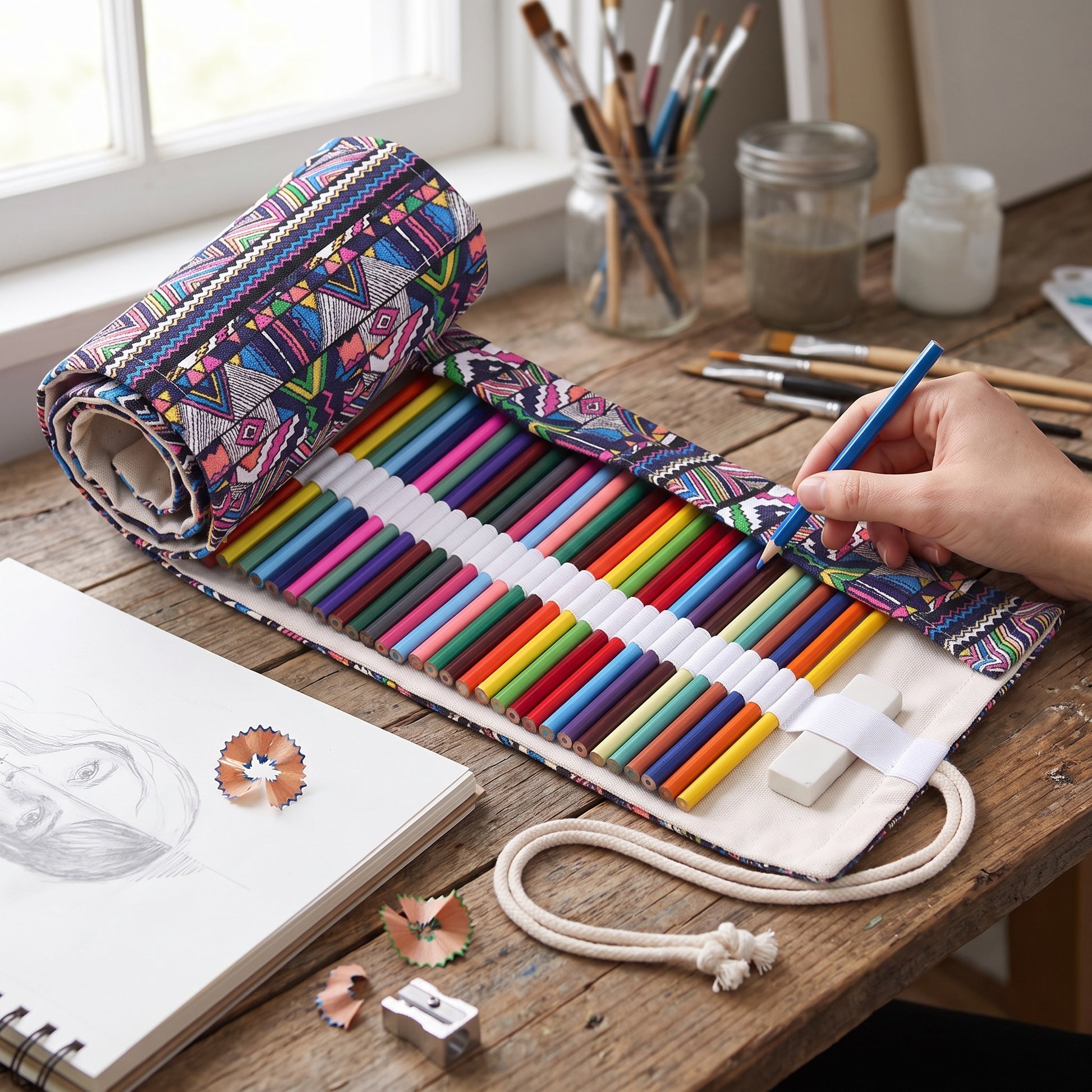 Pencil Case Pencil Holder Canvas Material Roll Up Pencil Roll - in-use