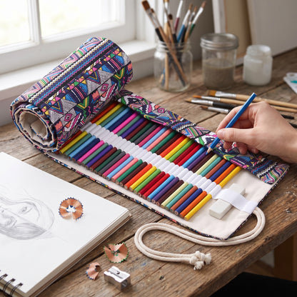 Pencil Case Pencil Holder Canvas Material Roll Up Pencil Roll - in-use