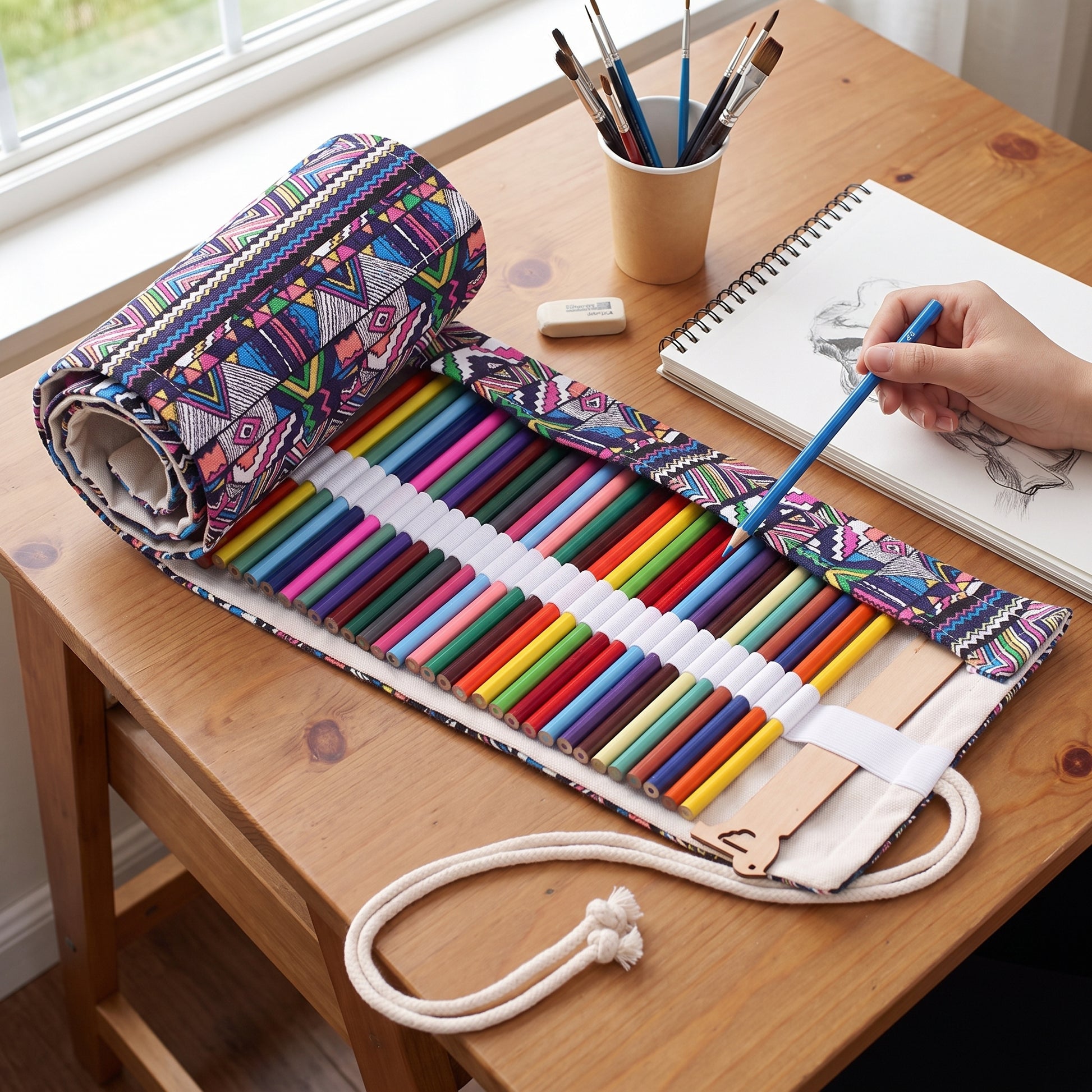 Pencil Case Pencil Holder Canvas Material Roll Up Pencil Roll - in-use