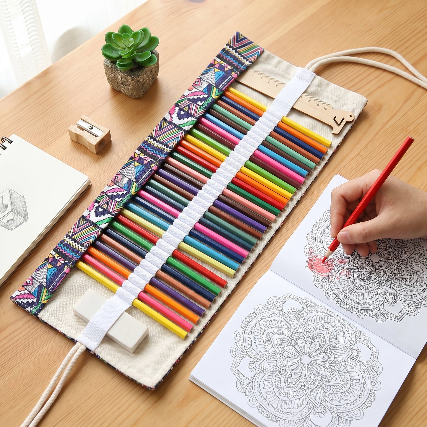 Pencil Case Pencil Holder Canvas Material Roll Up Pencil Roll - in-use