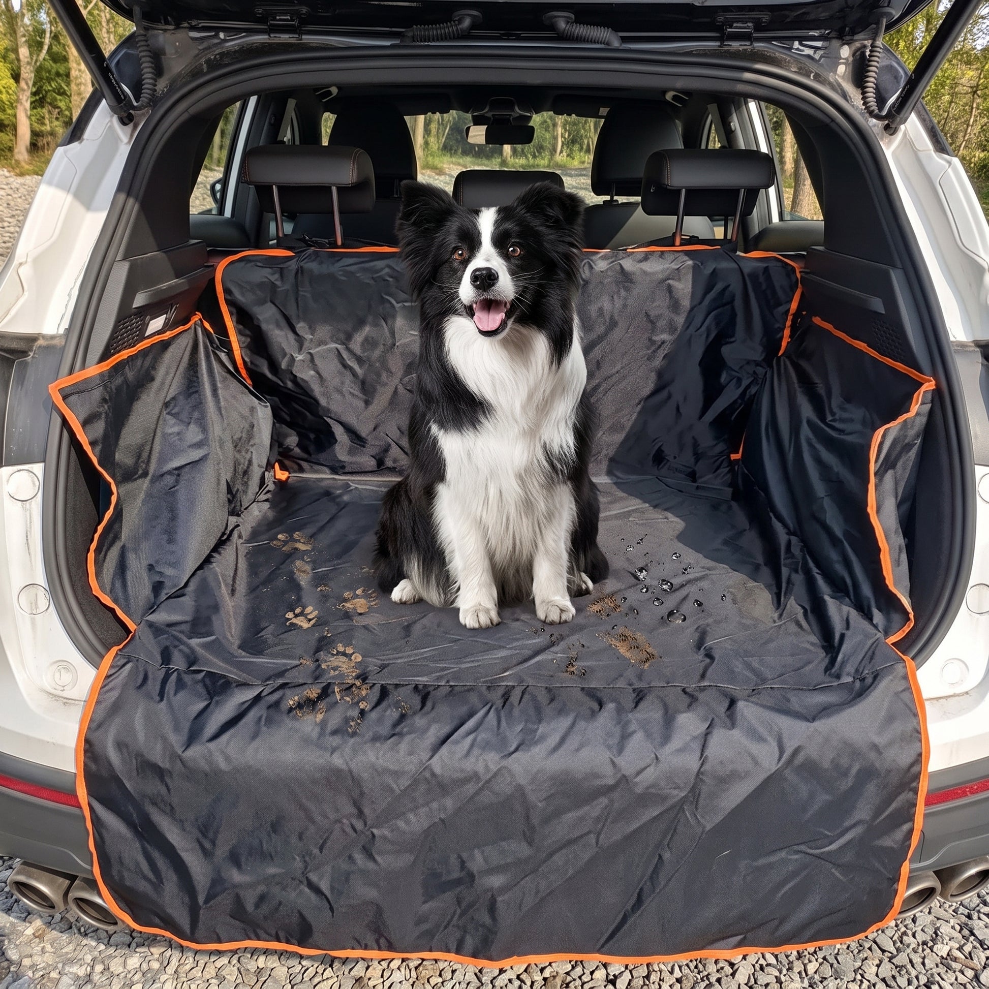 Car Trunk Protector For Pets Boot Liner With Side Flaps Black Orange Trim - hero