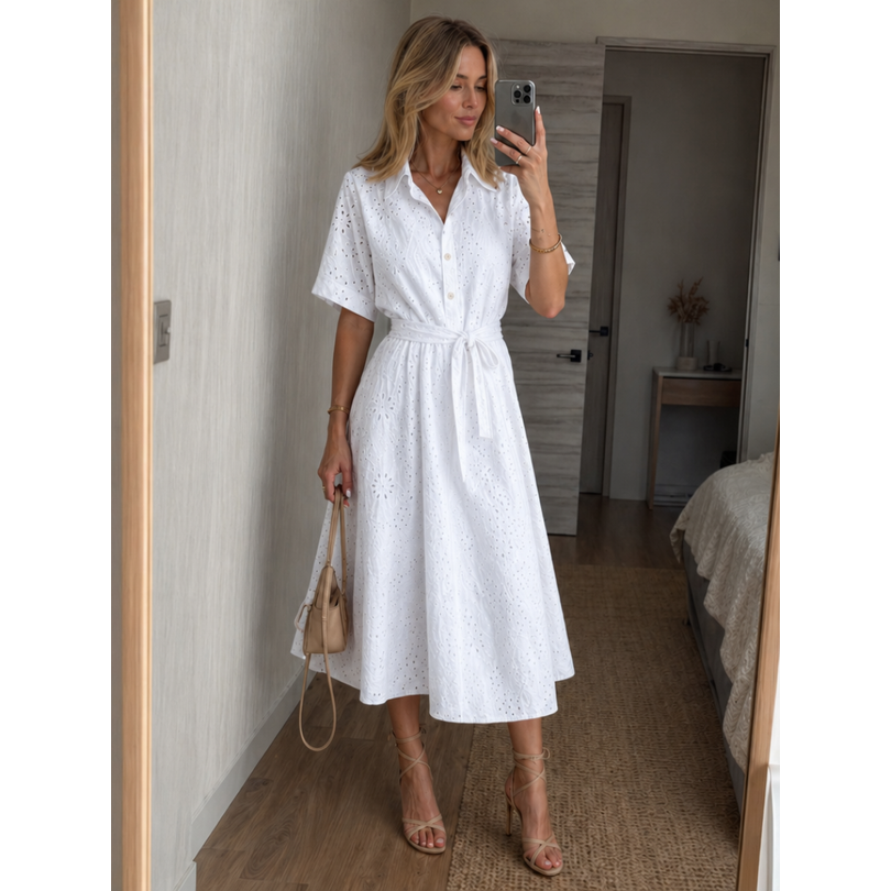 Casual Midi Dress with Collared Short-Sleeve and Button-Front Closure - Image 1