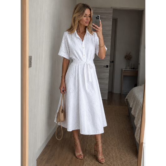 Casual Midi Dress with Collared Short-Sleeve and Button-Front Closure - Image 1