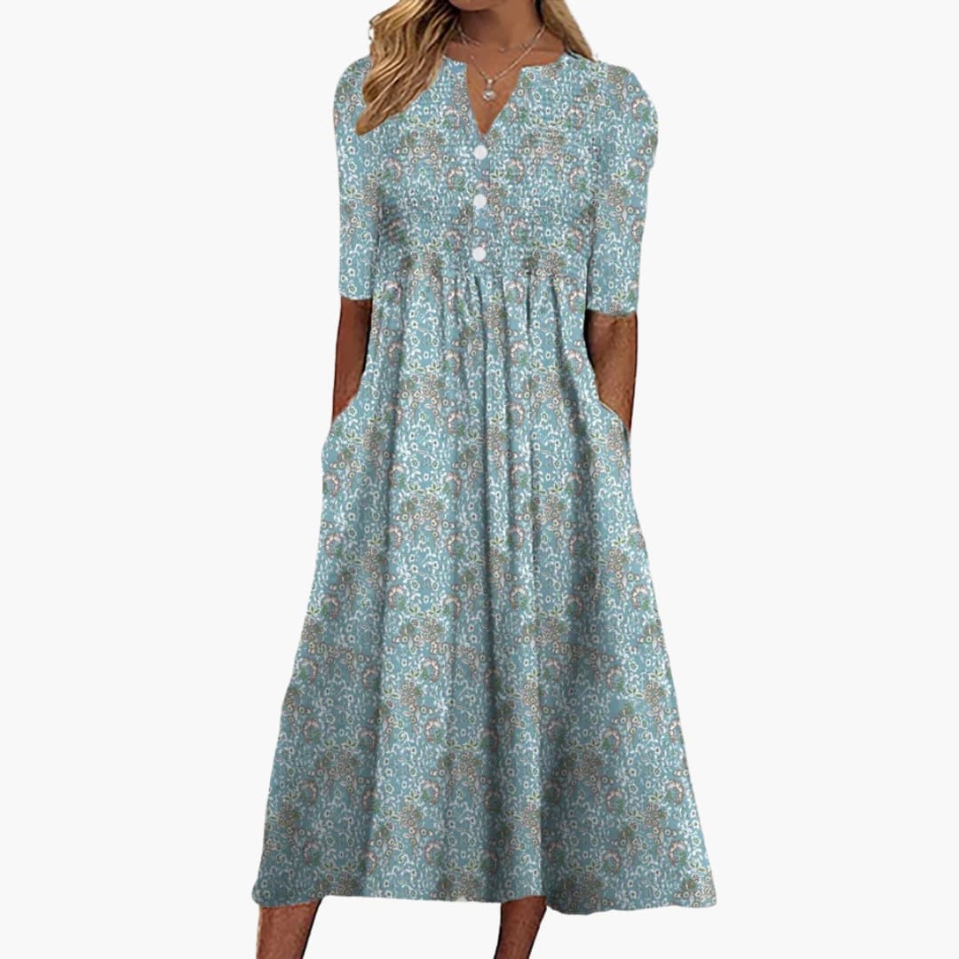Casual Midi Dress with V-Neck and 3 4 Sleeves and Pockets - Image 1