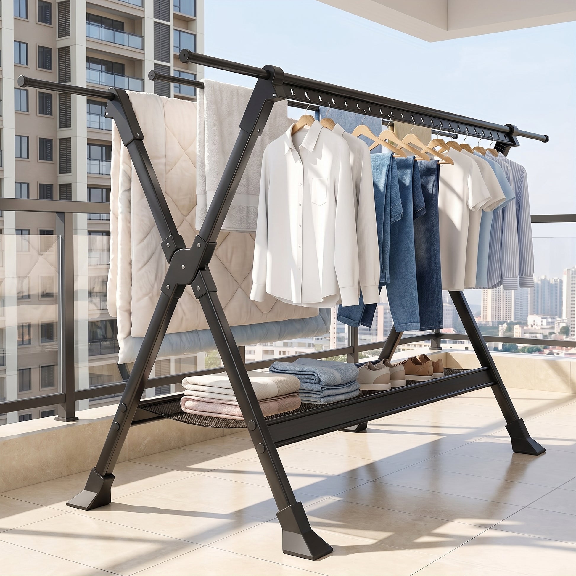 Clothes Drying Rack Foldable Garment With X-Frame Adjustable Rods And Removable Net - hero