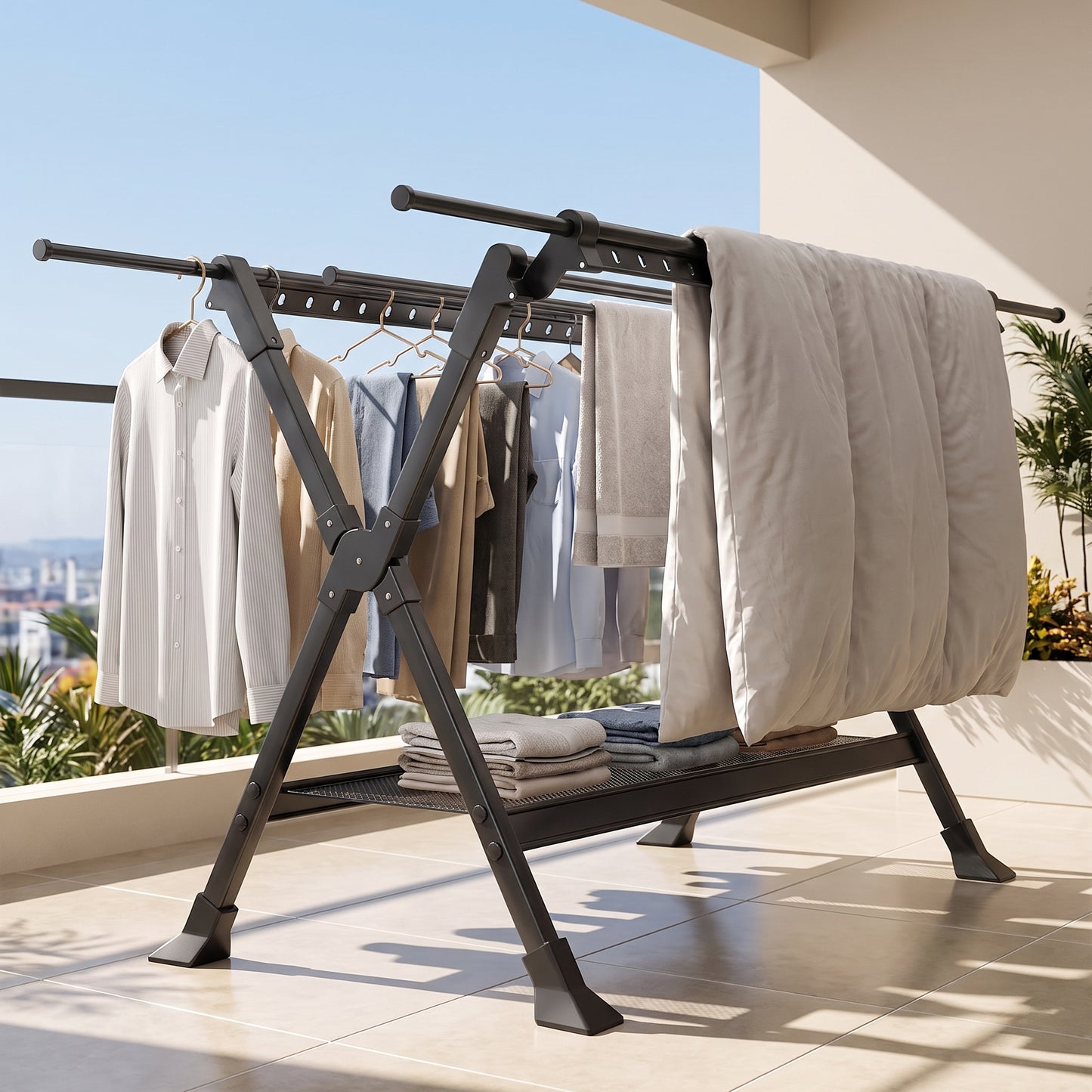 Clothes Drying Rack Foldable Garment With X-Frame Adjustable Rods And Removable Net - Image 1