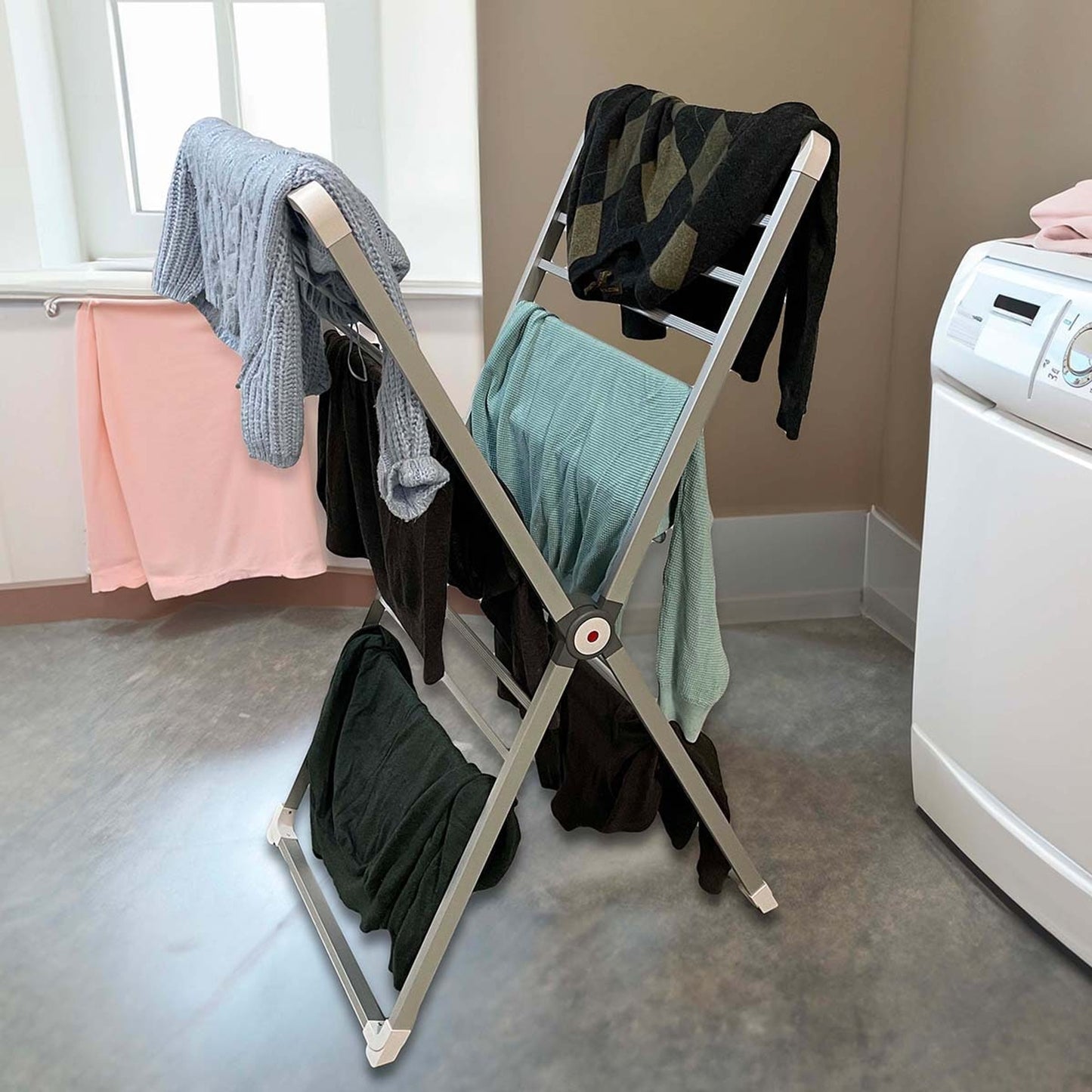 Clothes Drying Rack With Aluminum Frame Garment Space-Saving Vertical Design Folds Completely Flat Protective Feet And Corner Guards - Image 3