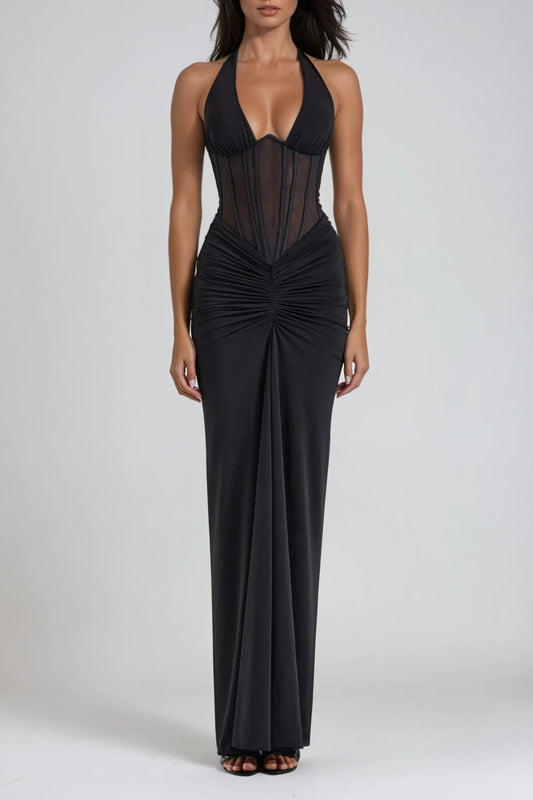 Corset Halter Neck Ruched Sheer Panel Long Evening Dress for Women
