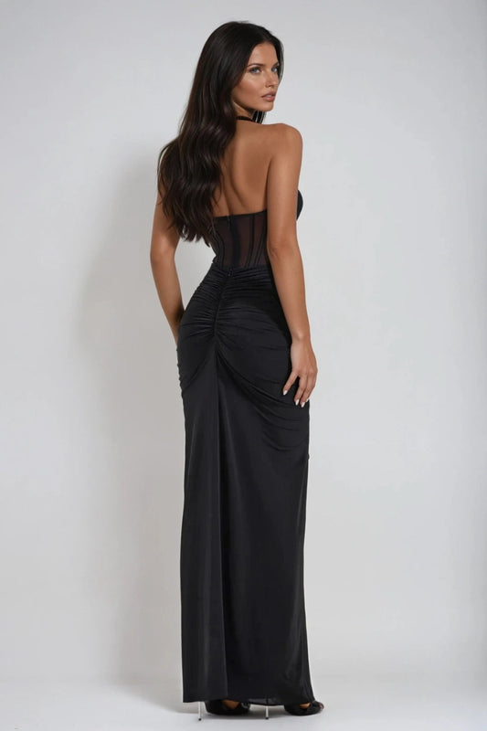 Corset Halter Neck Ruched Sheer Panel Long Evening Dress for Women