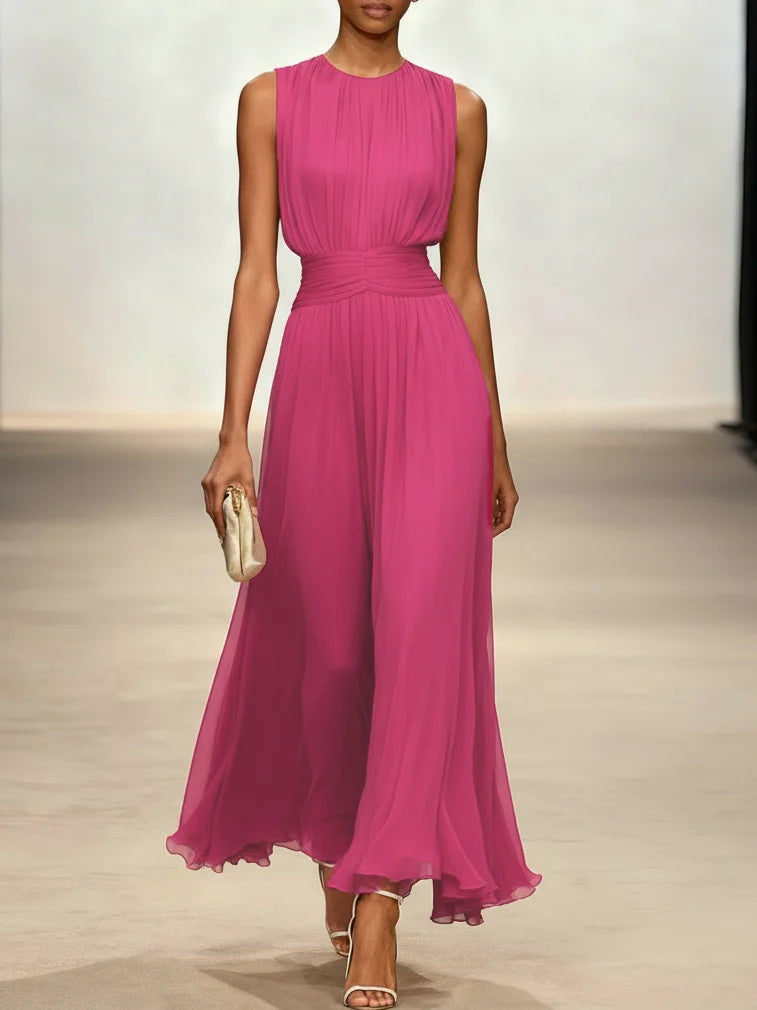 Crew Neck Sleeveless A-Line Chiffon Maxi Wedding Guest Dress