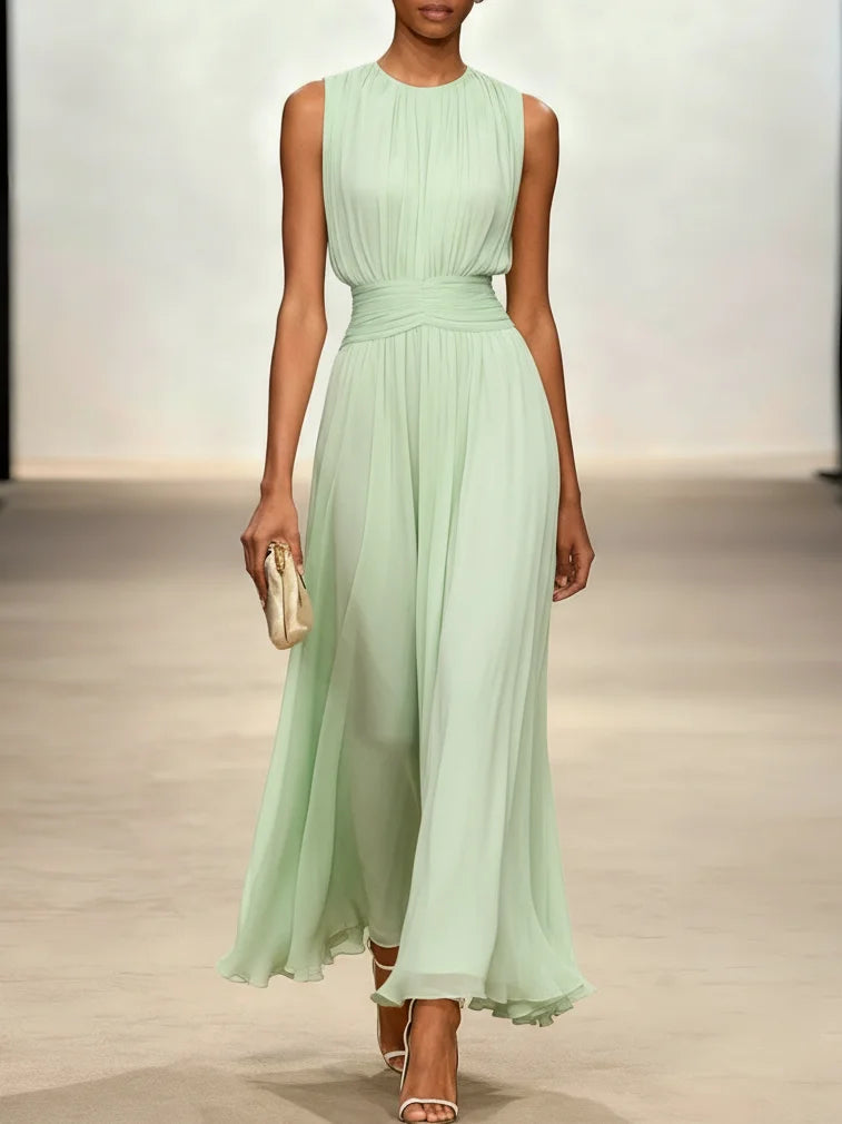 Crew Neck Sleeveless A-Line Chiffon Maxi Wedding Guest Dress