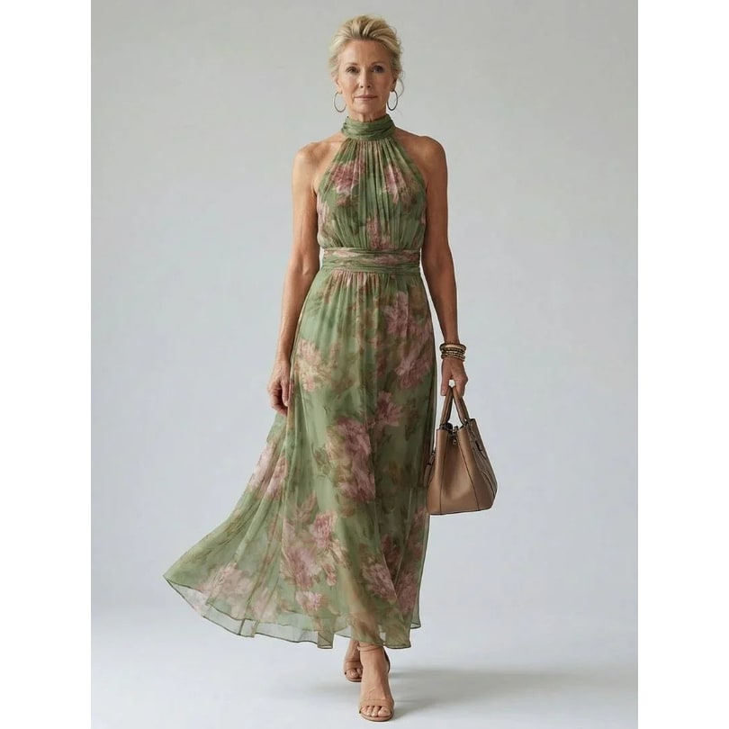 Defined Waist Warm Weather Sage Green Floral Dress Halter Neckline - Image 1