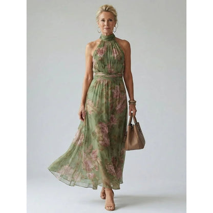 Defined Waist Warm Weather Sage Green Floral Dress Halter Neckline - Image 1