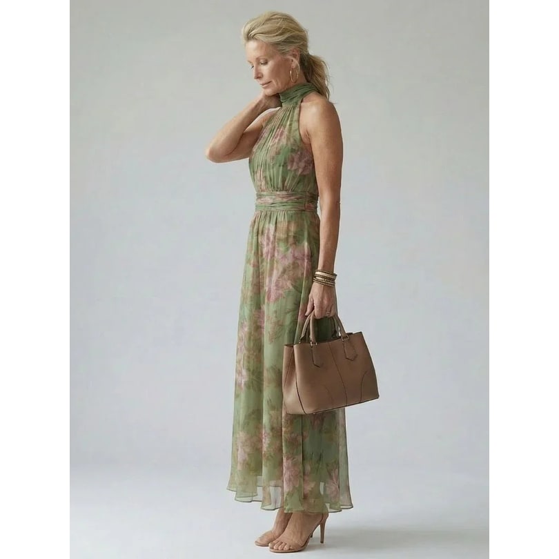 Defined Waist Warm Weather Sage Green Floral Dress Halter Neckline - Image 3