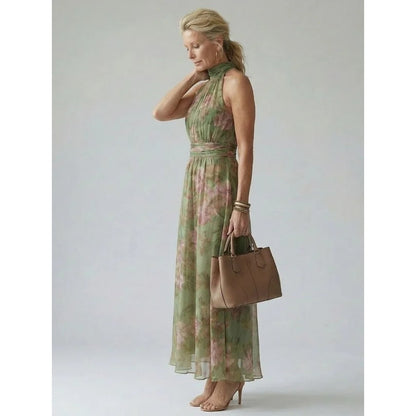 Defined Waist Warm Weather Sage Green Floral Dress Halter Neckline - Image 3
