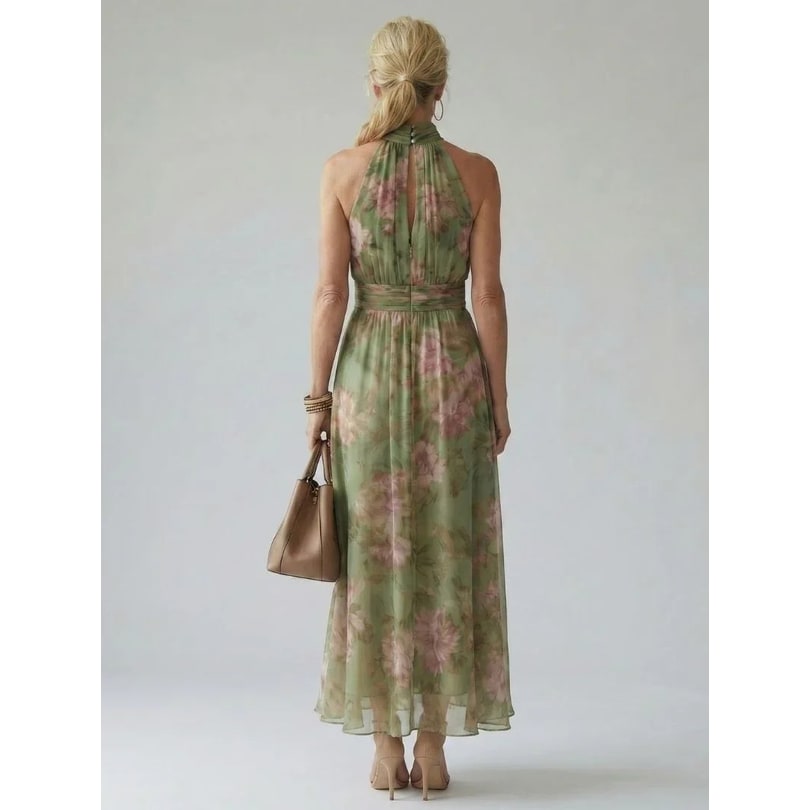 Defined Waist Warm Weather Sage Green Floral Dress Halter Neckline - Image 4