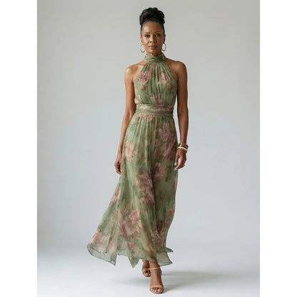 Defined Waist Warm Weather Sage Green Floral Dress Halter Neckline - Image 5