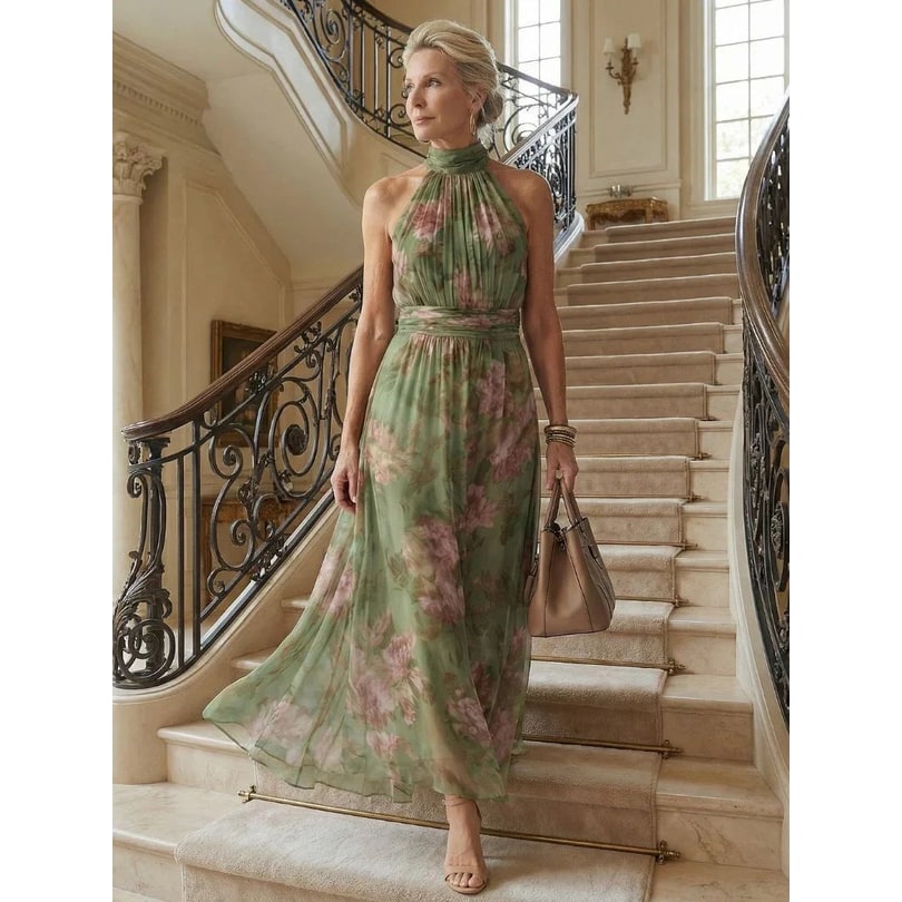 Defined Waist Warm Weather Sage Green Floral Dress Halter Neckline - Image 6
