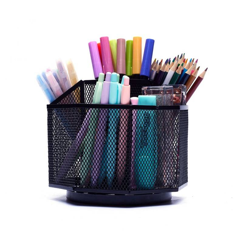 Desk Organiser Rotating Black Mesh Compartment Pen Holder - Image 2