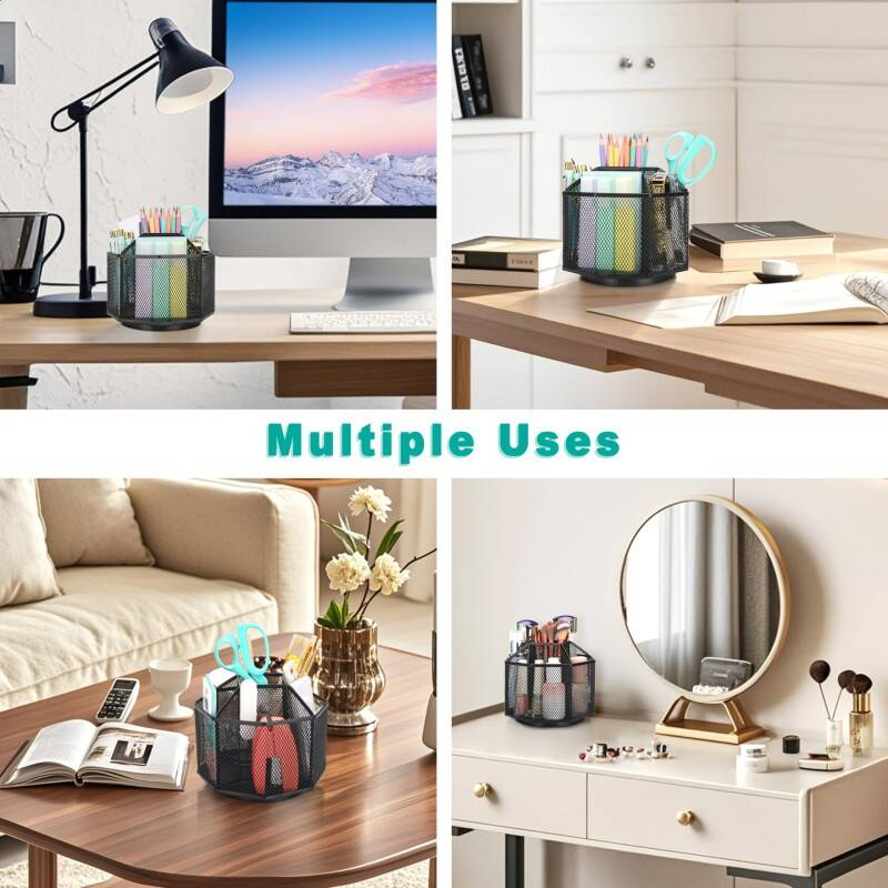 Desk Organiser Rotating Black Mesh Compartment Pen Holder - Image 5