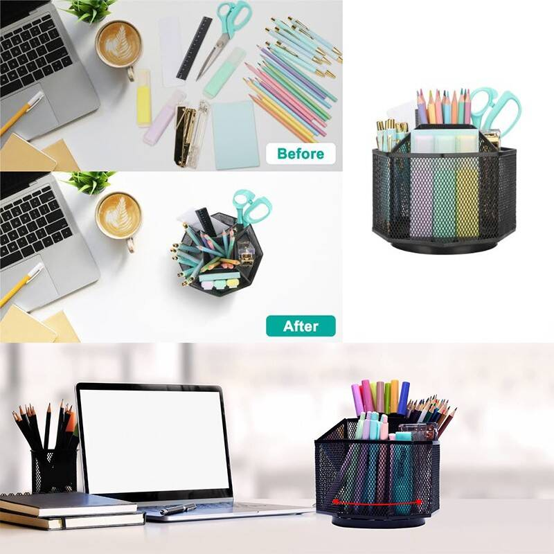 Desk Organiser Rotating Black Mesh Compartment Pen Holder - Image 6
