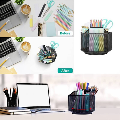 Desk Organiser Rotating Black Mesh Compartment Pen Holder - Image 6