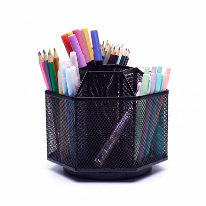 Desk Organiser Rotating Black Mesh Compartment Pen Holder - angle