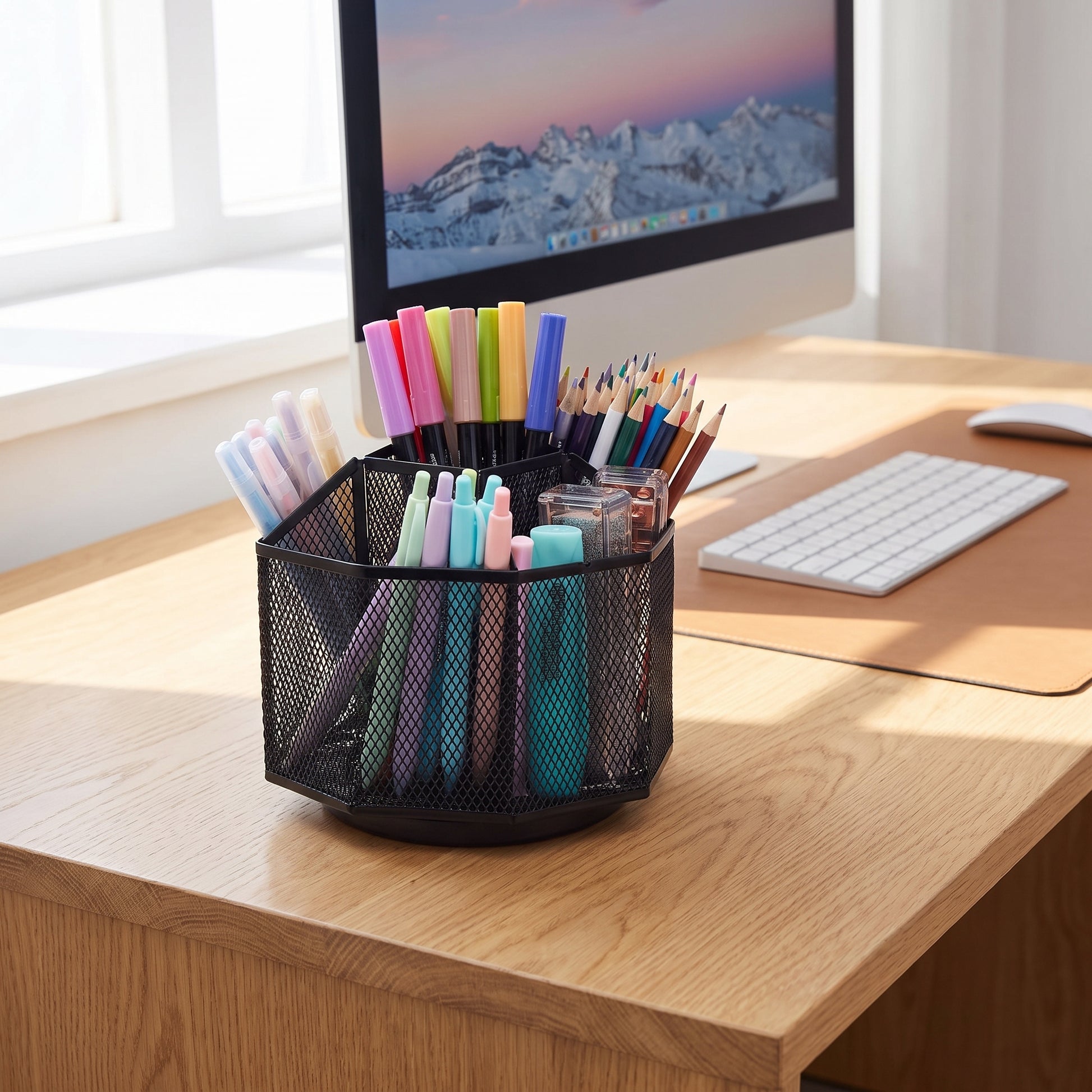 Desk Organiser Rotating Black Mesh Compartment Pen Holder - hero