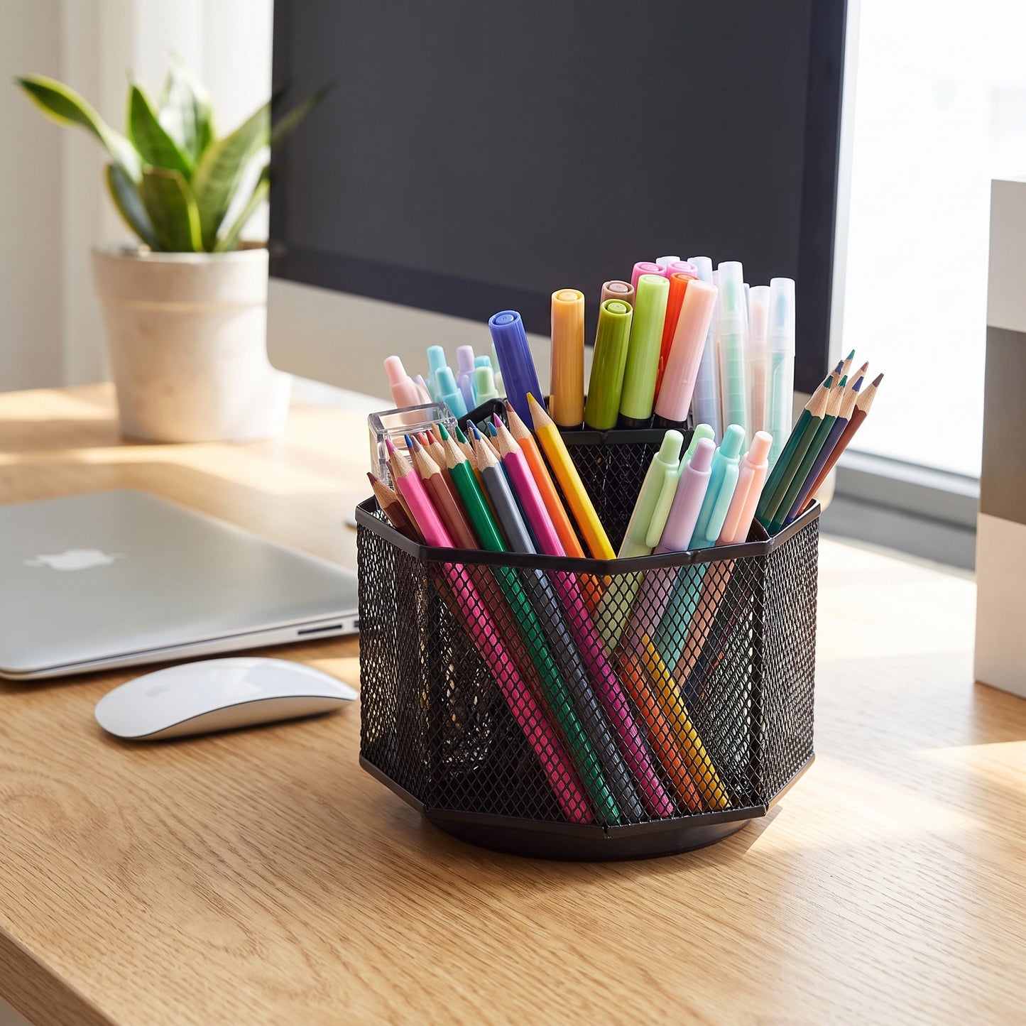 Desk Organiser Rotating Black Mesh Compartment Pen Holder - Image 4