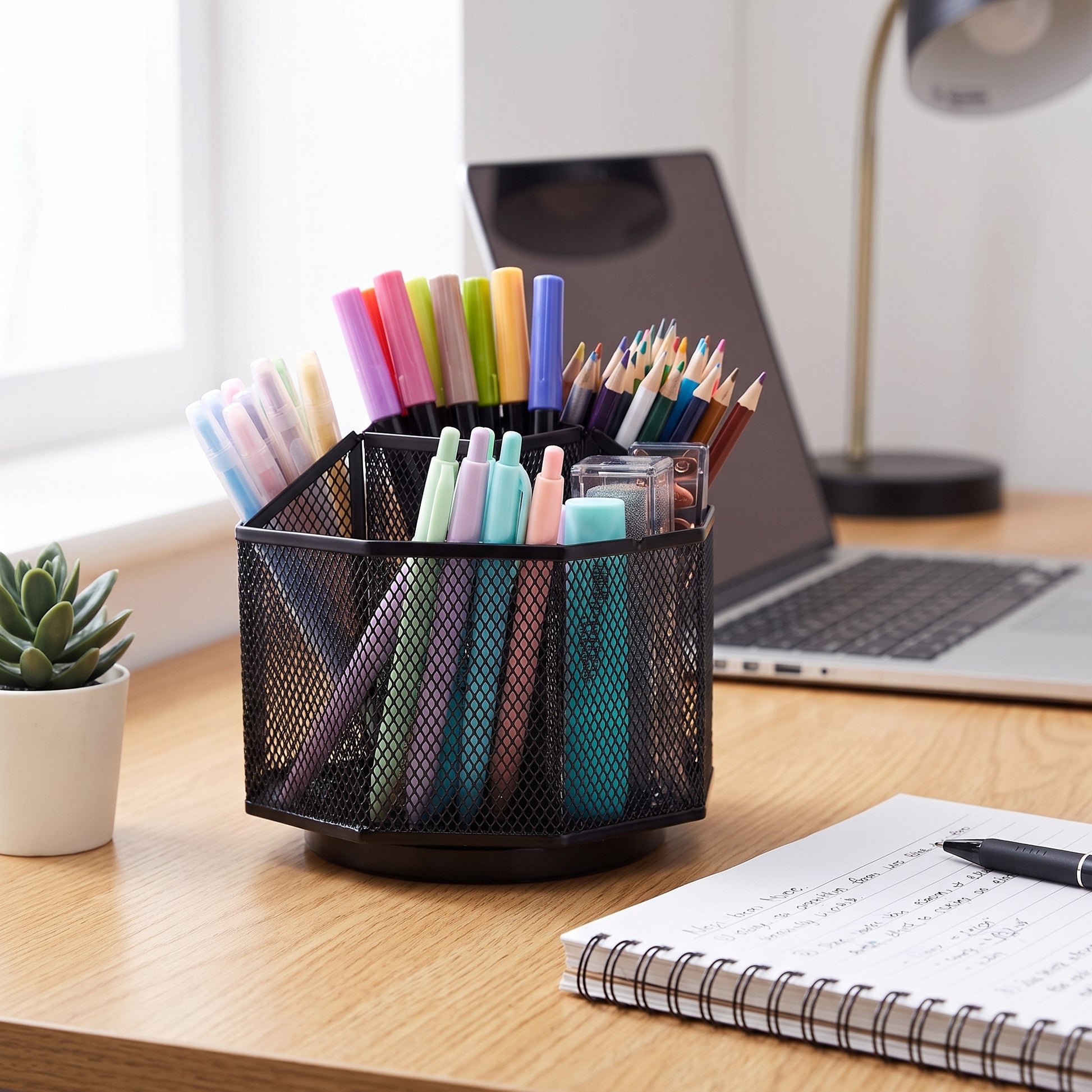 Desk Organiser Rotating Black Mesh Compartment Pen Holder - in-use