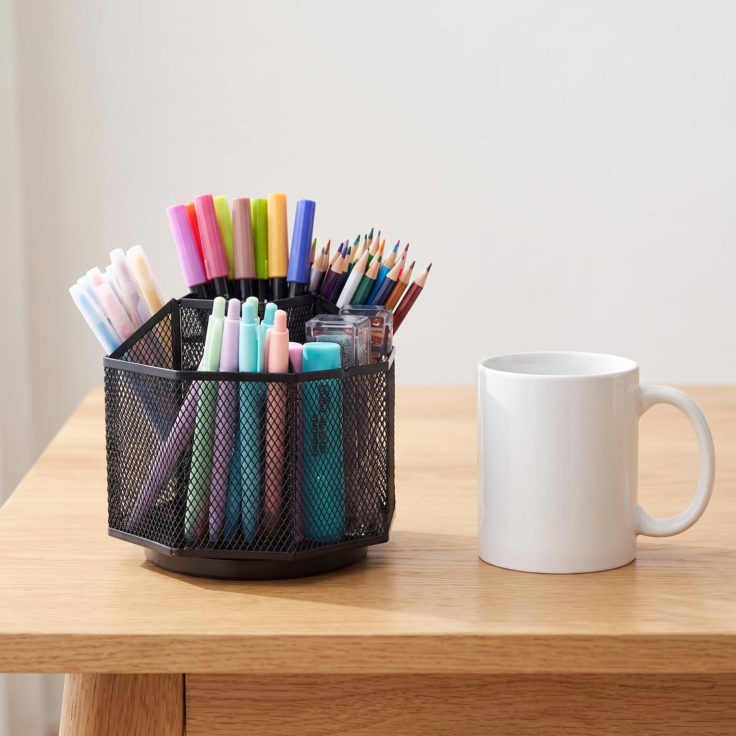 Desk Organiser Rotating Black Mesh Compartment Pen Holder - scale