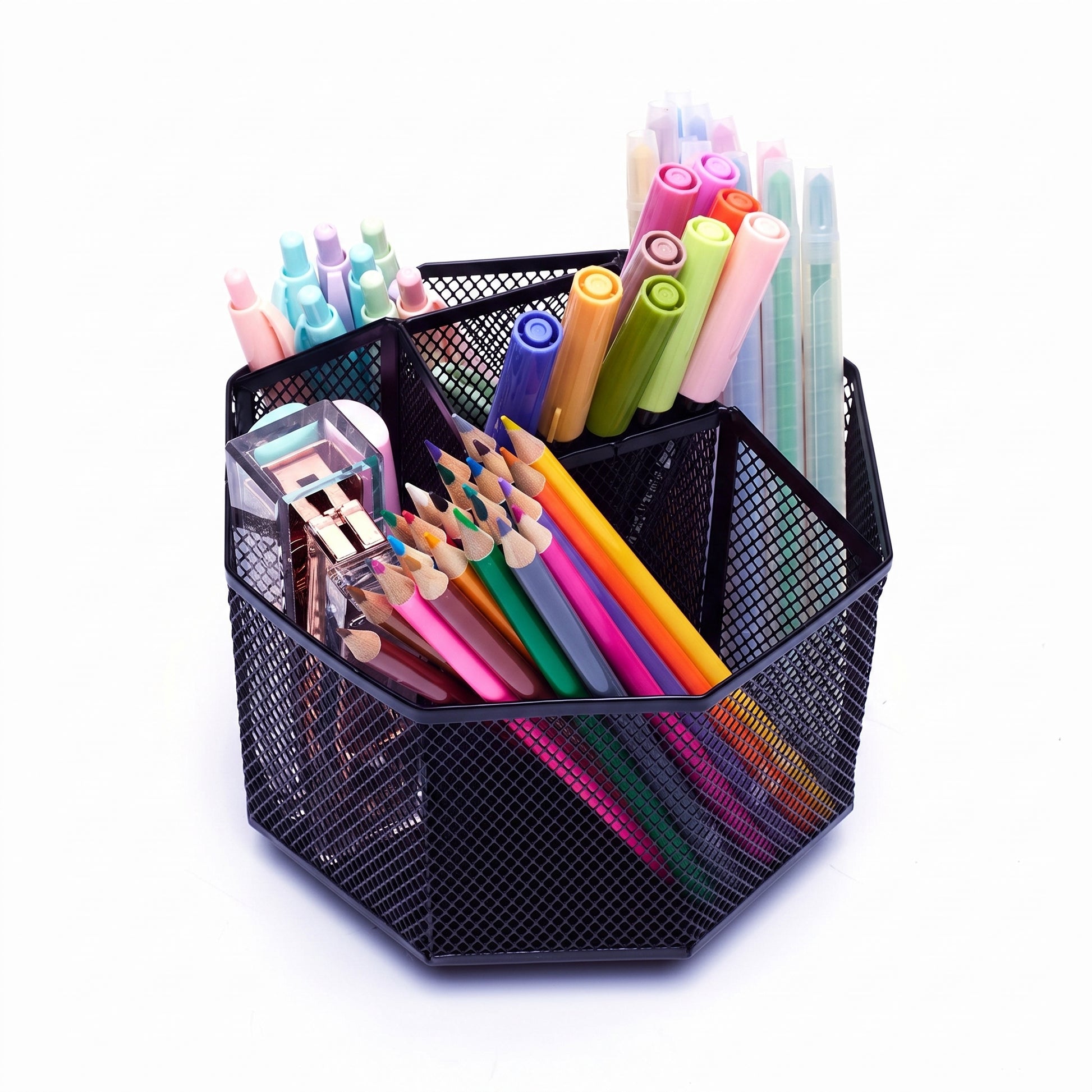 Desk Organiser Rotating Black Mesh Compartment Pen Holder - studio