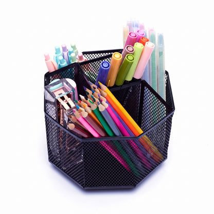 Desk Organiser Rotating Black Mesh Compartment Pen Holder - studio