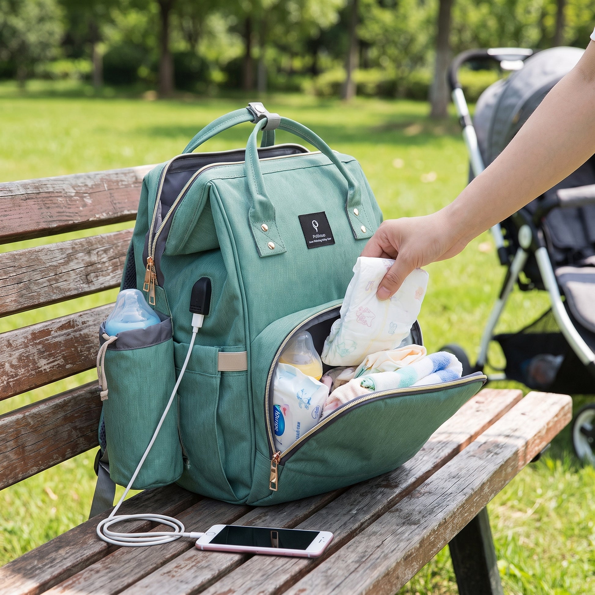 Backpack Insulated Diaper Bag Baby Stroller USB Travel - hero