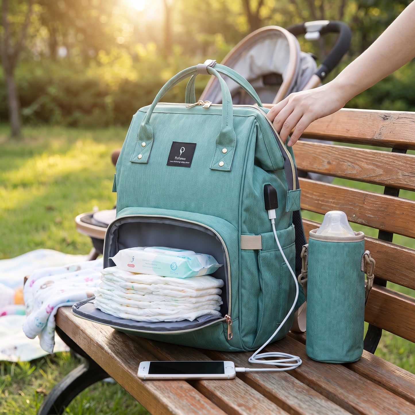Backpack Insulated Diaper Bag Baby Stroller USB Travel - in-use