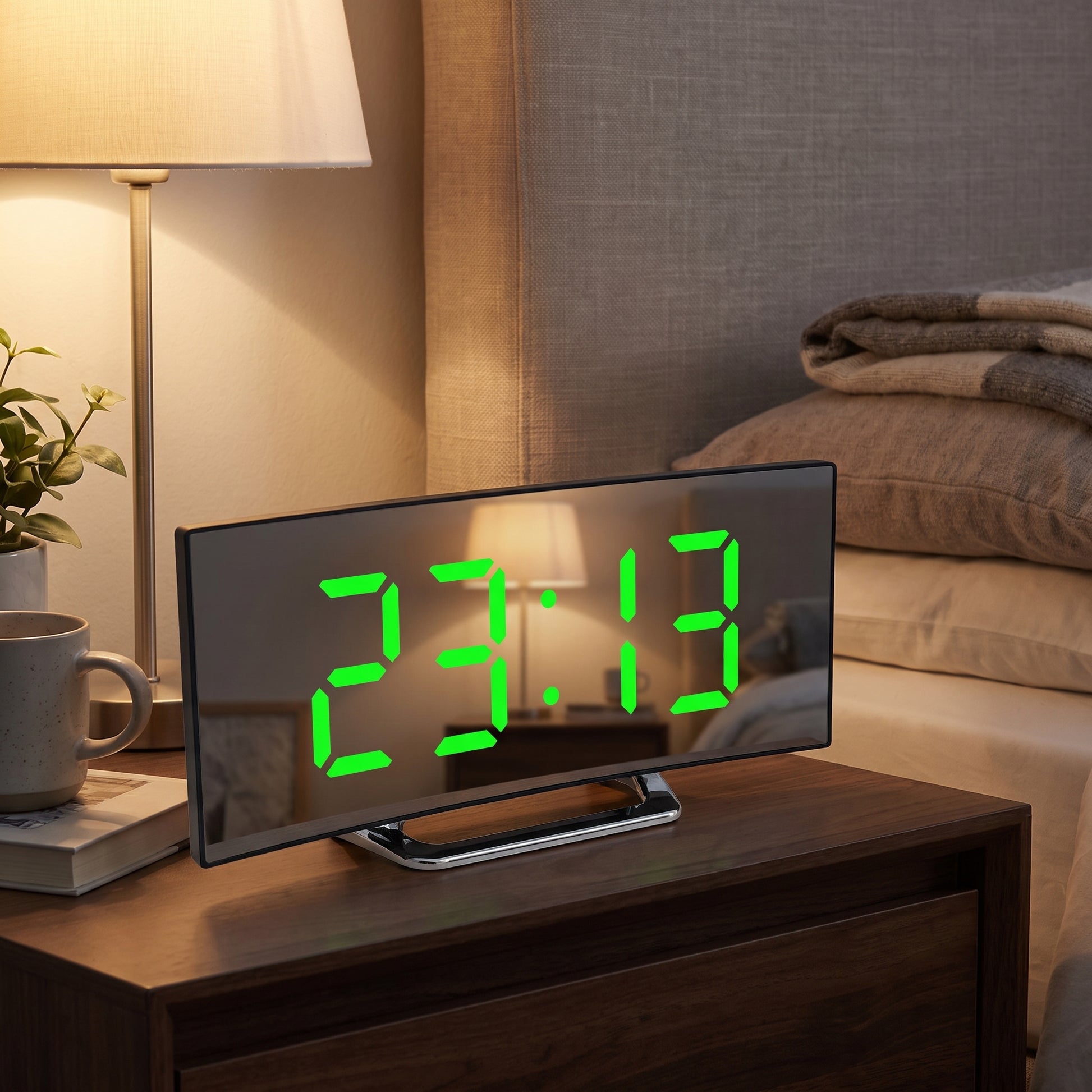 Digital Alarm Clock Set Mirror Snooze Curved - in-use