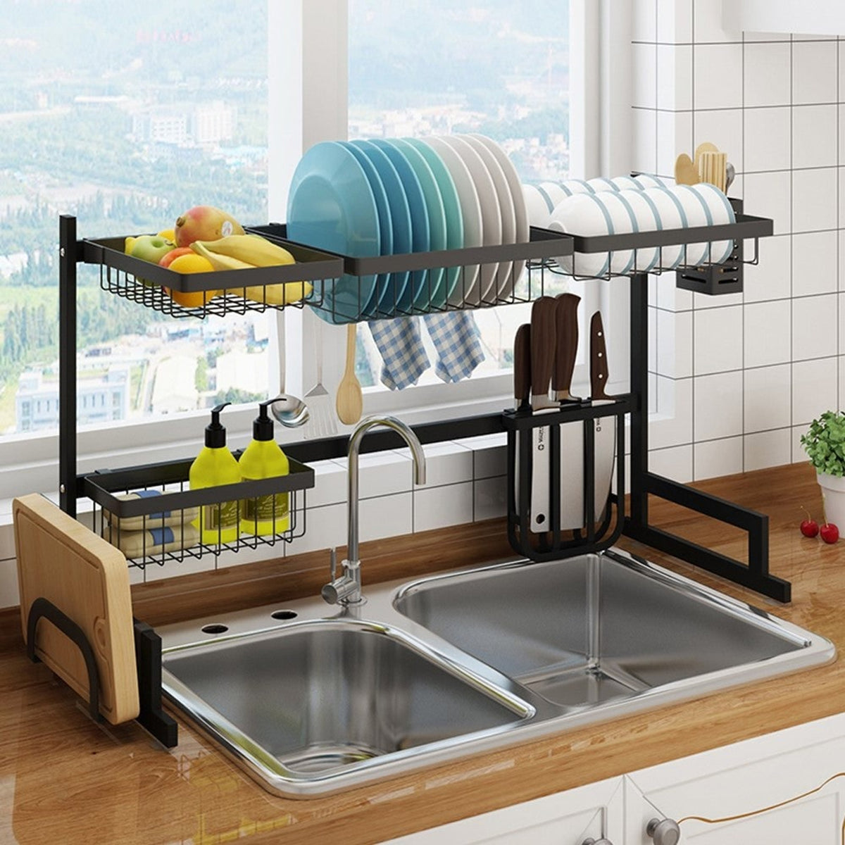 Dish Drying Rack Over Kitchen Sink With Multi-Tier Storage Holds Up To 80 Lbs Water Drips Directly Into Huge Room Saving Design - Image 5