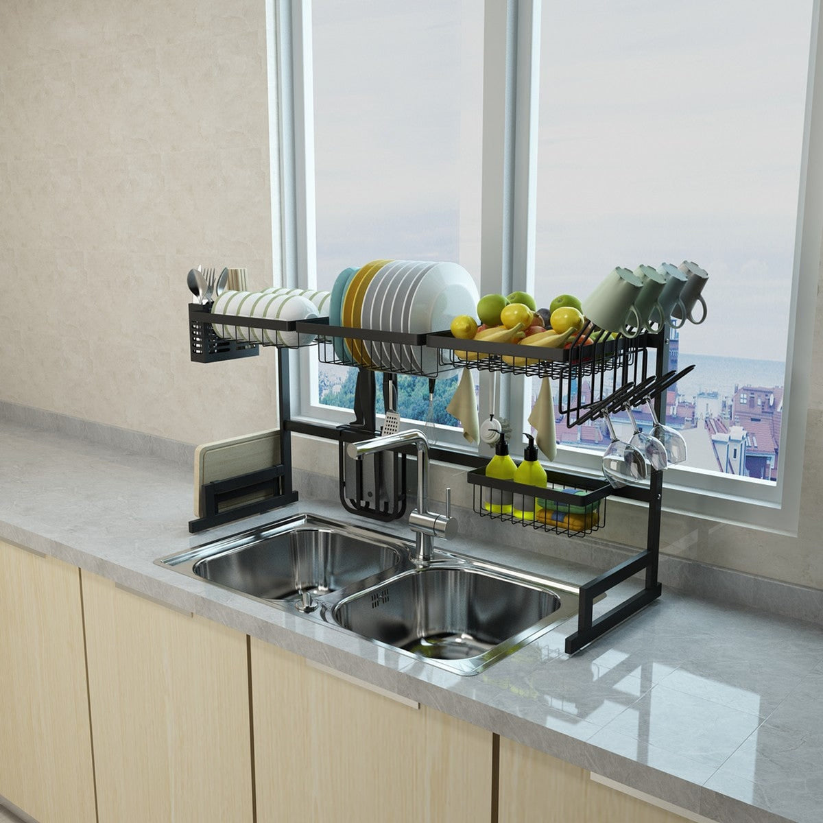 Dish Drying Rack Over Kitchen Sink With Multi-Tier Storage Holds Up To 80 Lbs Water Drips Directly Into Huge Room Saving Design - Image 8