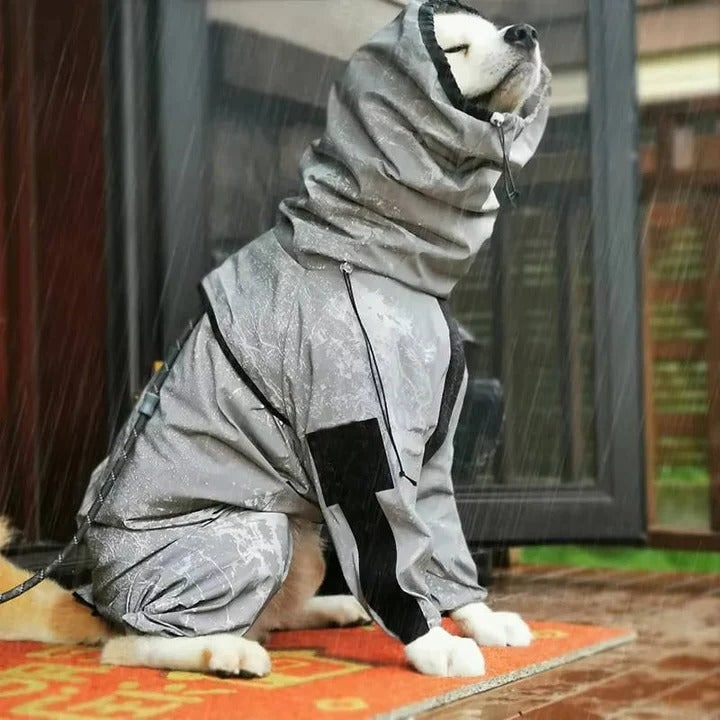Dog Raincoat Waterproof Full Body Rain Jacket With Hood For Pets Grey Black Accents - Image 1
