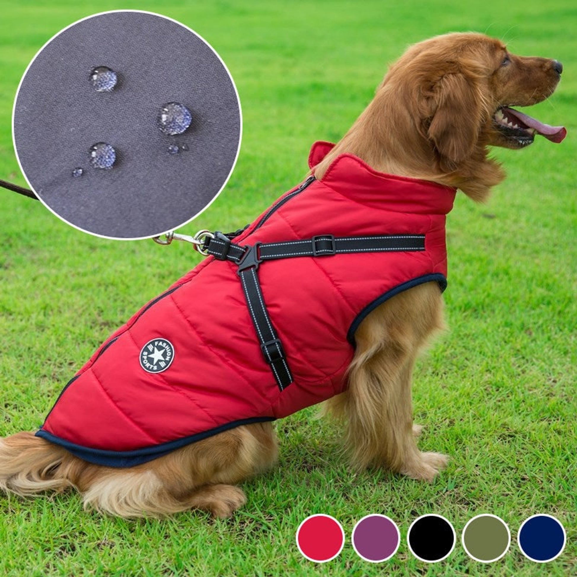 Dog Winter Coat With Harness Waterproof Quilted Red And Navy Jacket For Pets - Image 1