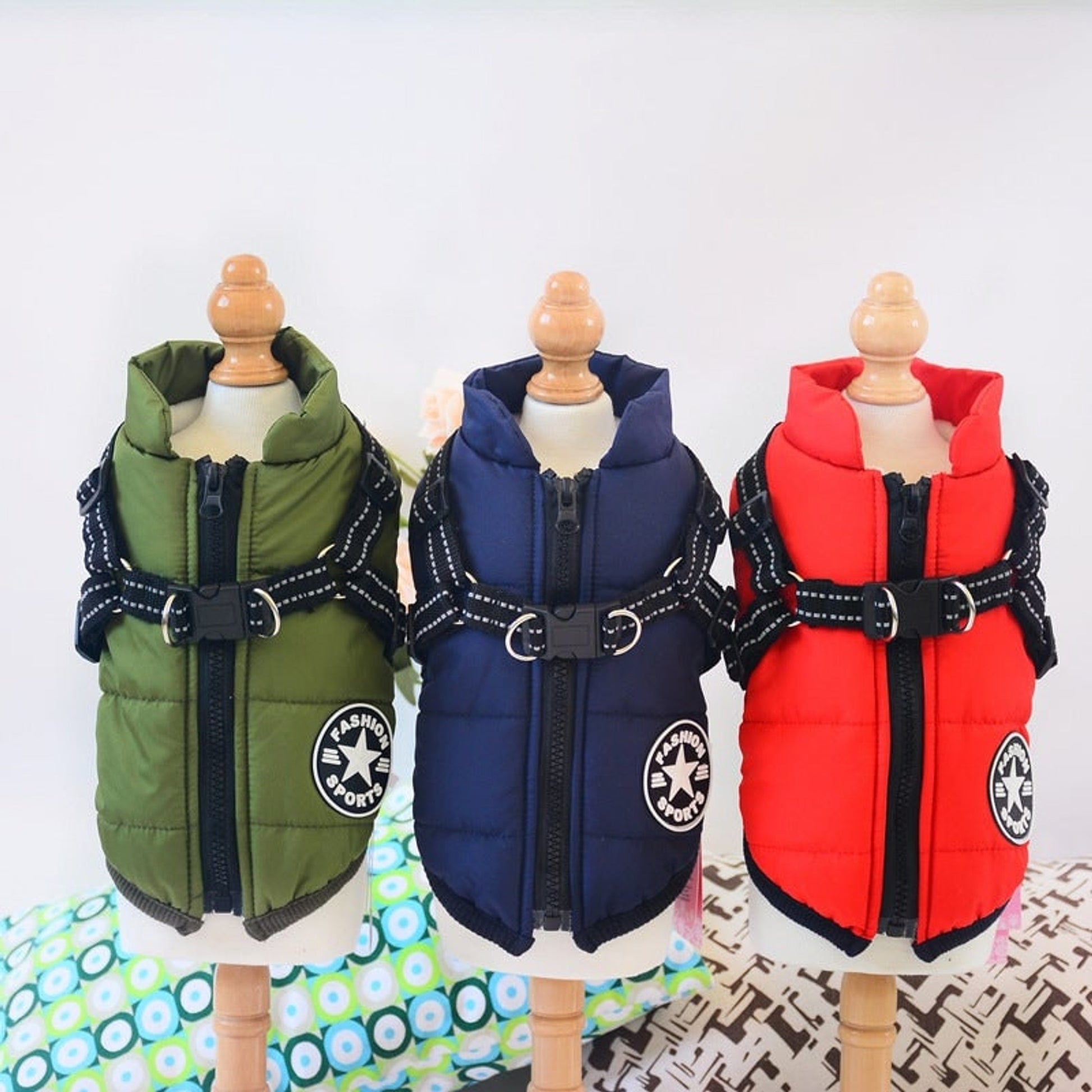 Dog Winter Coat With Harness Waterproof Quilted Red And Navy Jacket For Pets - Image 9