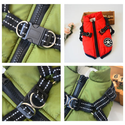 Dog Winter Coat With Harness Waterproof Quilted Red And Navy Jacket For Pets - Image 4