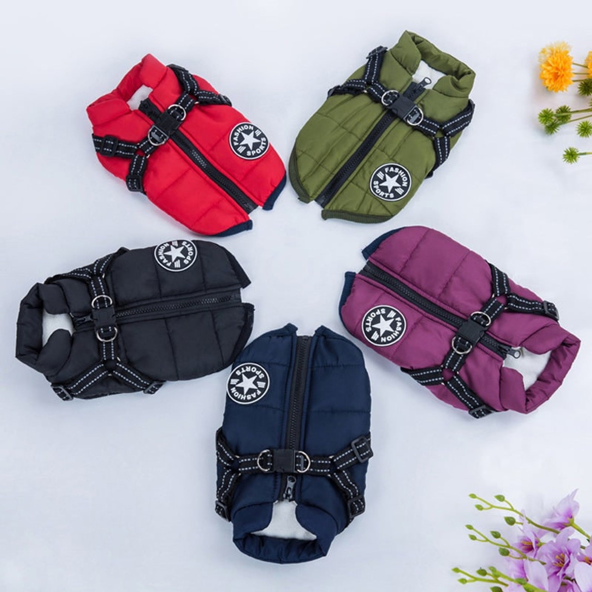 Dog Winter Coat With Harness Waterproof Quilted Red And Navy Jacket For Pets - Image 3