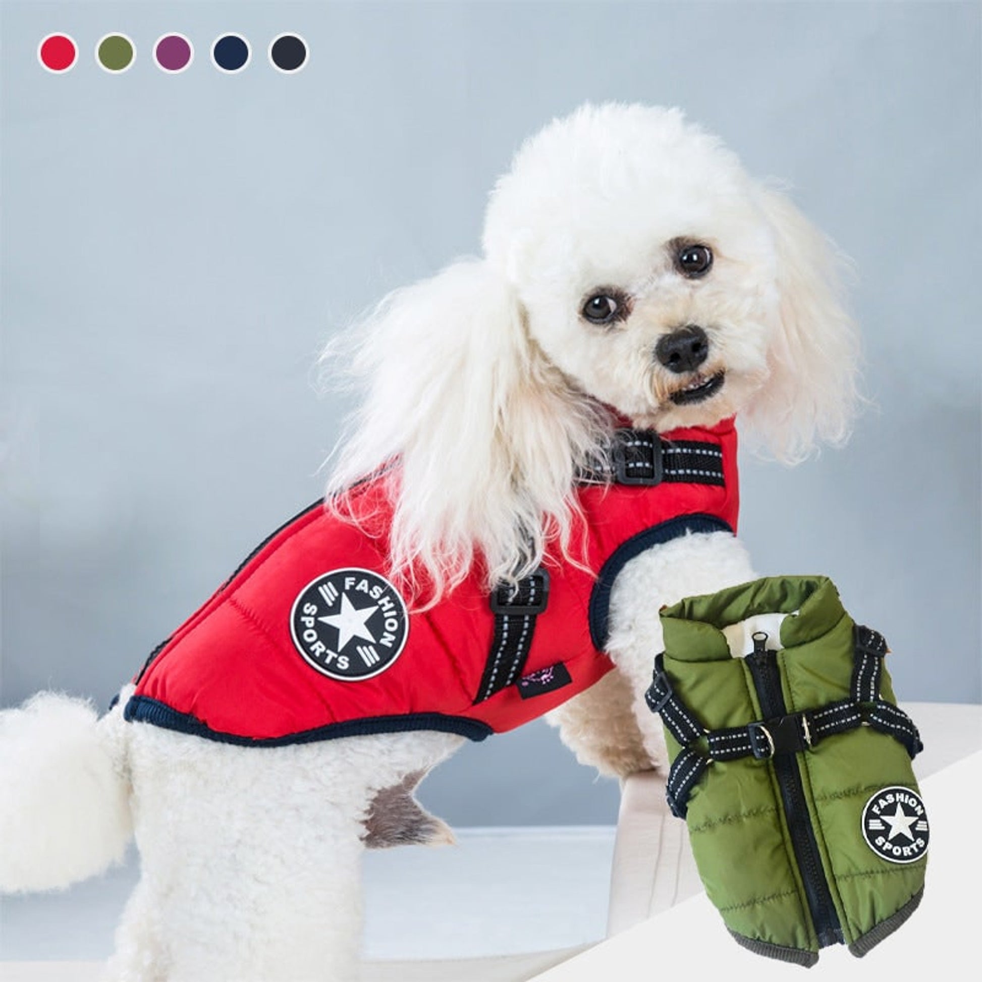 Dog Winter Coat With Harness Waterproof Quilted Red And Navy Jacket For Pets - Image 2