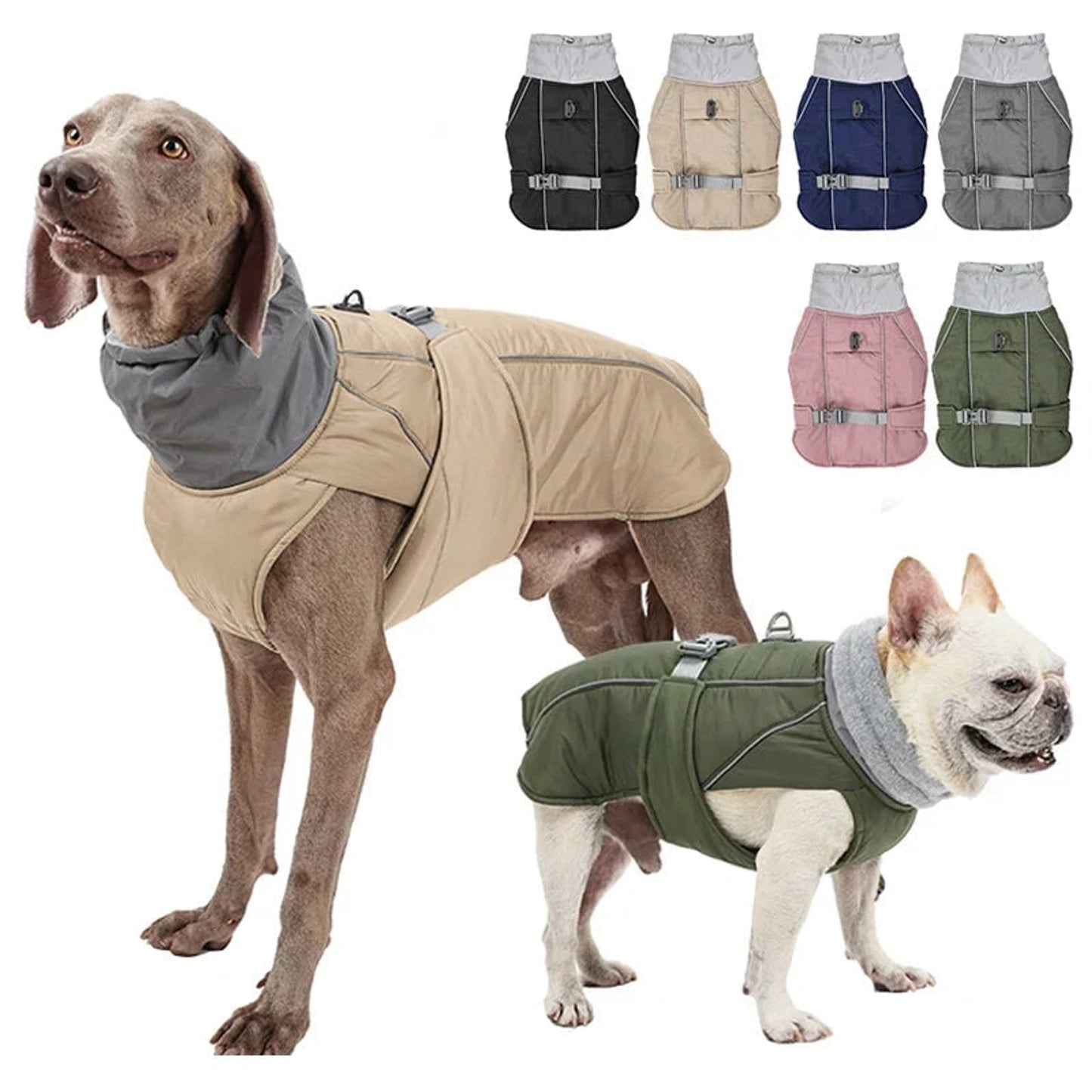 Dog Winter Coat With Reflective Trim High Collar Adjustable Waist Strap And D-ring For Harness - Image 1