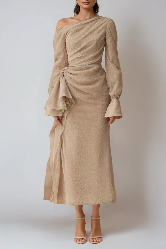 Draped Asymmetric Long Sleeve Formal Evening Maxi Dress for Women