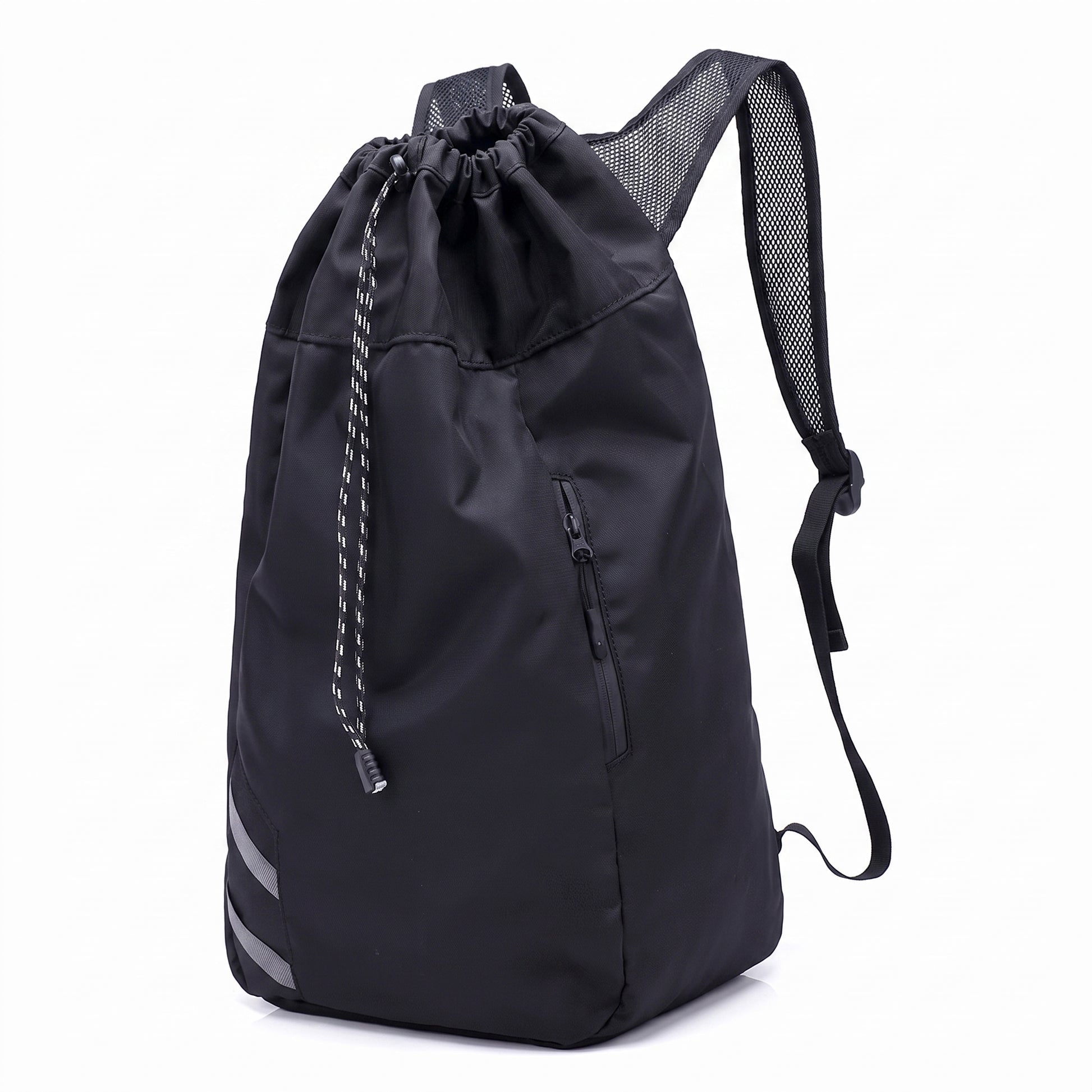 Backpack Gym Bag Drawstring Black Nylon Padded Shoulder Straps - angle
