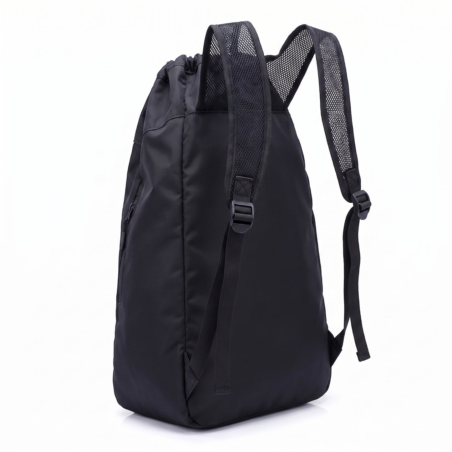 Backpack Gym Bag Drawstring Black Nylon Padded Shoulder Straps - angle